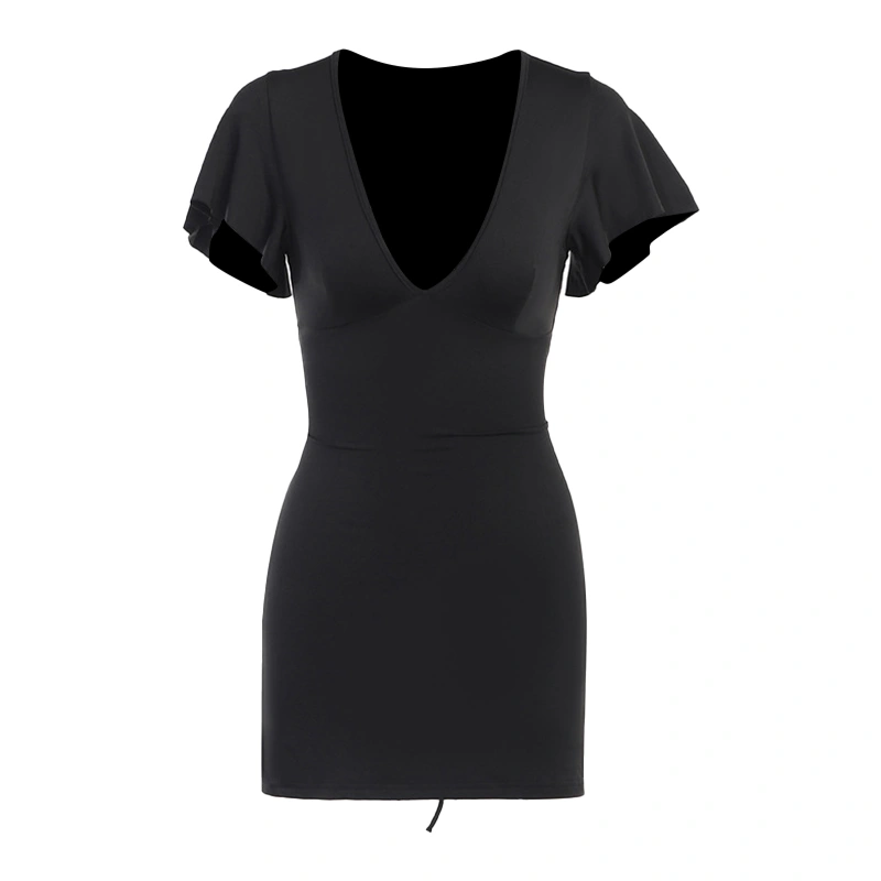 Women's Mini A-line Dress, Short Sleeve Deep V Neck High Waist Dress