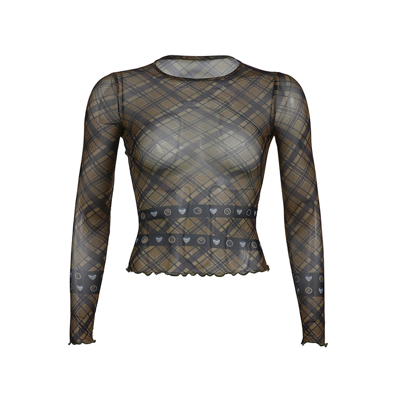 Women Sheer Mesh Pullover Shirt Plaid Long Sleeve Cropped Tops Blouse