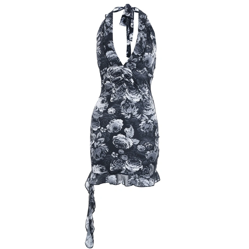 Women Sleeveless Bodycon Dress Flower Print Tie-Up Halter Neck Dress