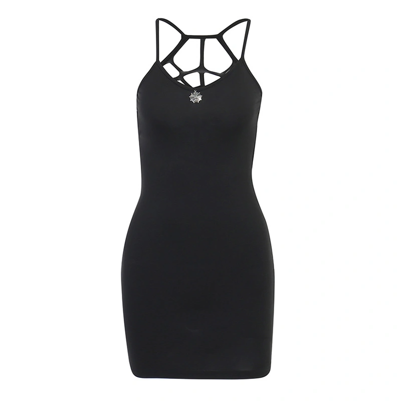 Women's Summer Black Sleeveless Backless Spider Web Sling Dress