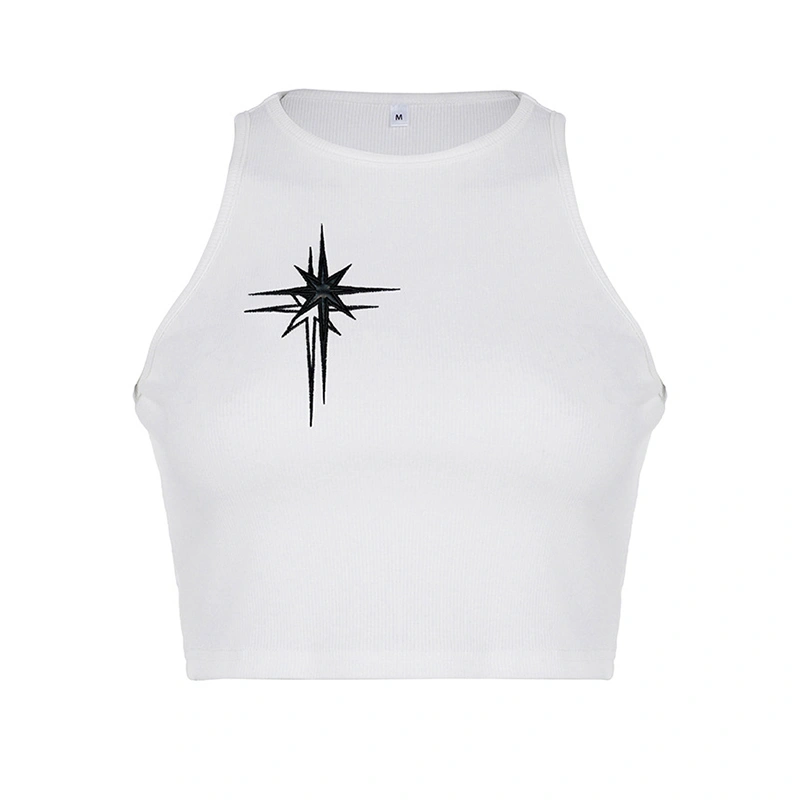 Women Stars Embroidery Tank Tops Crew Neck Sleeveless Slim Vests