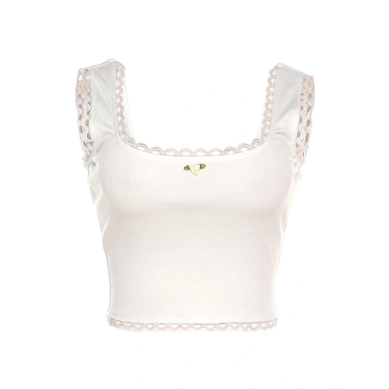 Women's Summer Tank Tops, Sleeveless 3D Rosette Lace Trim Crop Tops