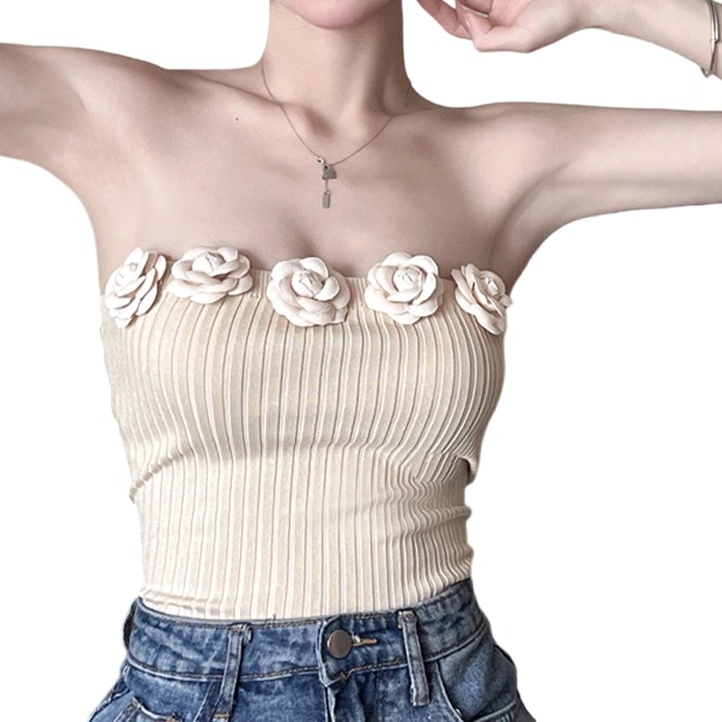 Women Solid Color Tube Tops Flower Decor Strapless Knit Tank Tops