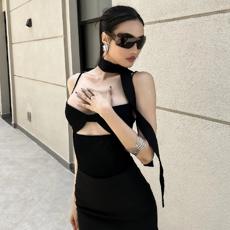 Women Cami Bodysuit Spaghetti Strap Front Cutout Solid Color Playsuit