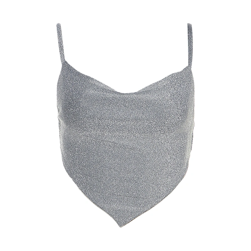 Women's Summer Fitted Cami Tops Silver Sleeveless Backless Crop Tops