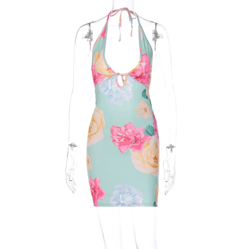 Women Bodycon Dress Tie-up Halterneck Backless Flower Print Mini Dress