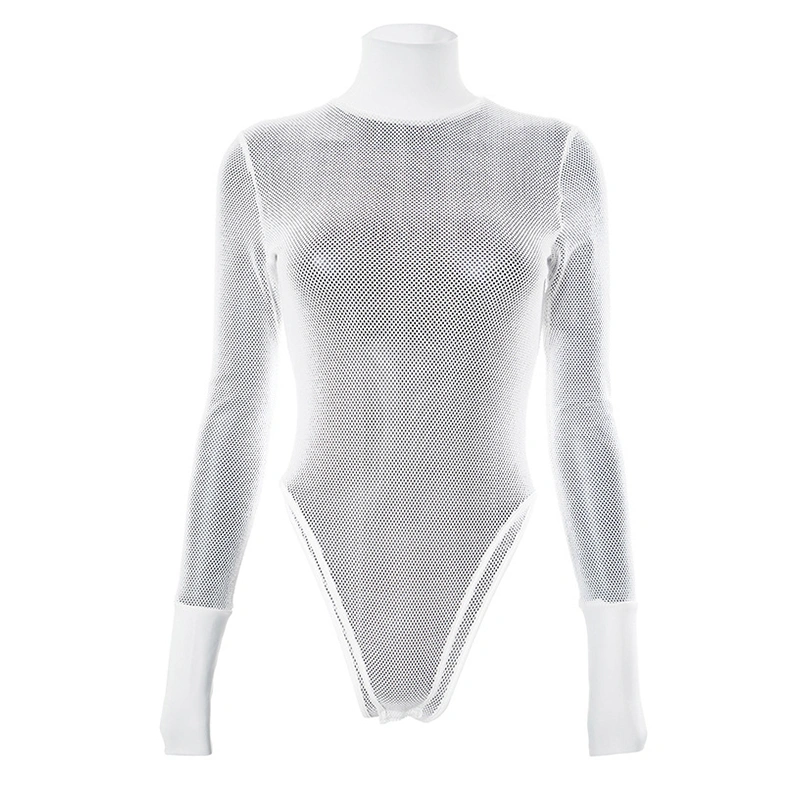 Women's White Long Sleeve High Neck Sheer Mesh Bodysuit Tops