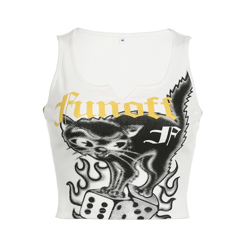 Women’s Cat Print Tank Tops Cute Sleeveless Notched V Neck Crop Tops