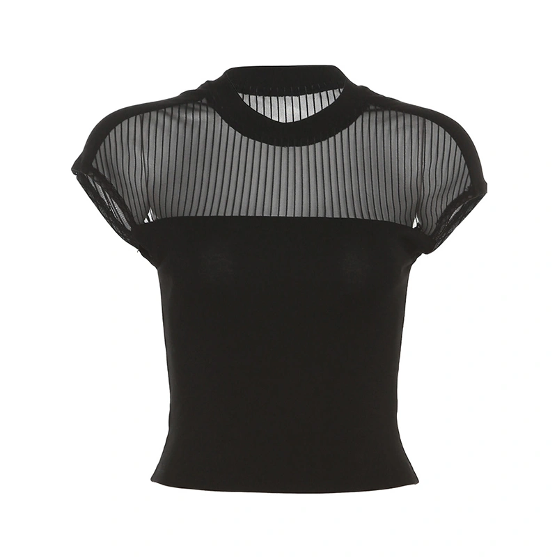 Women's Black Short Sleeve Crewneck Mesh Patchwork Short T-shirt