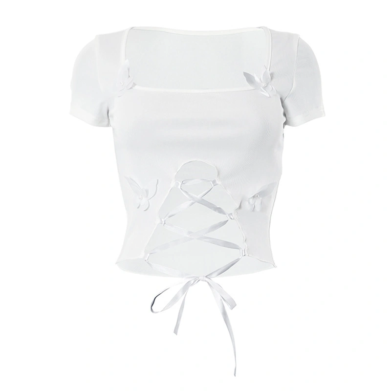 Women Butterfly Crop Tops Tie Front Cutout Summer Basic T-Shirts 