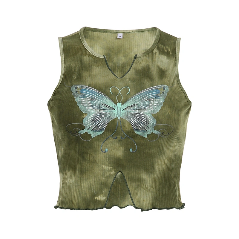 Women's Summer Green Sleeveless Butterfly Tie Dye Print Crop Tops