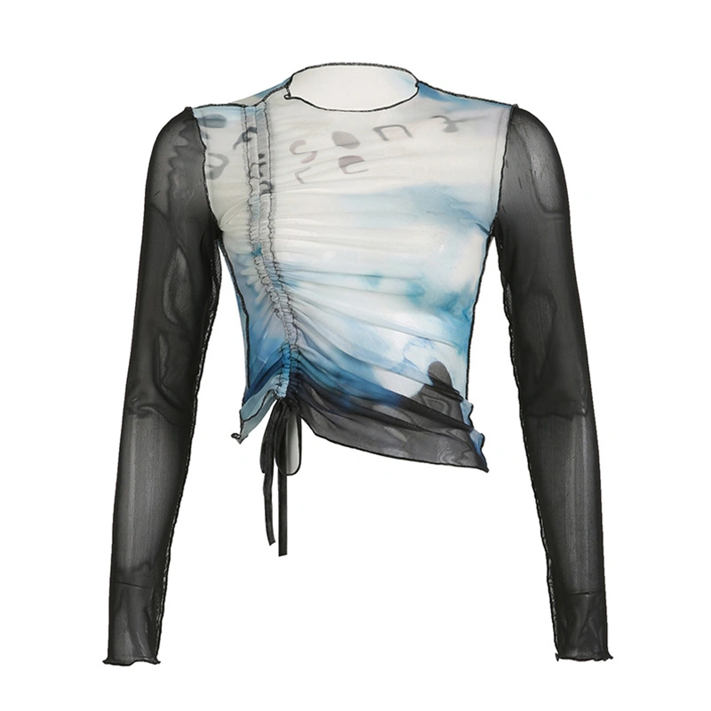 Women's Mesh Crop Tops Long Sleeve Drawstring Front Tie-Dye T-Shirt