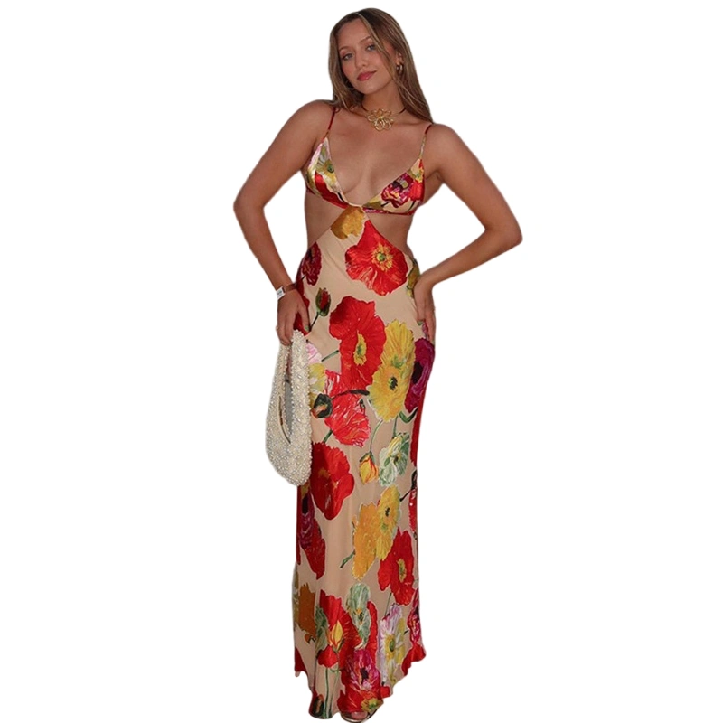 Women's Slip Long Dress Flower Print V-Neck Spaghetti Strap Midi Dress