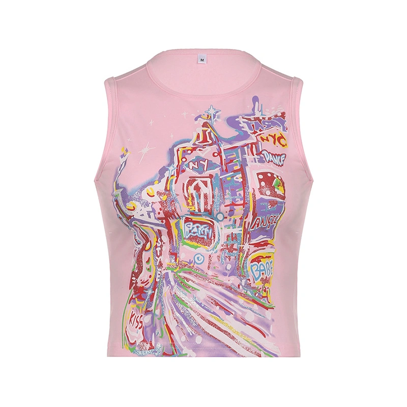 Women's Summer Pink Sleeveless O Neck Pattern Print Tank Tops