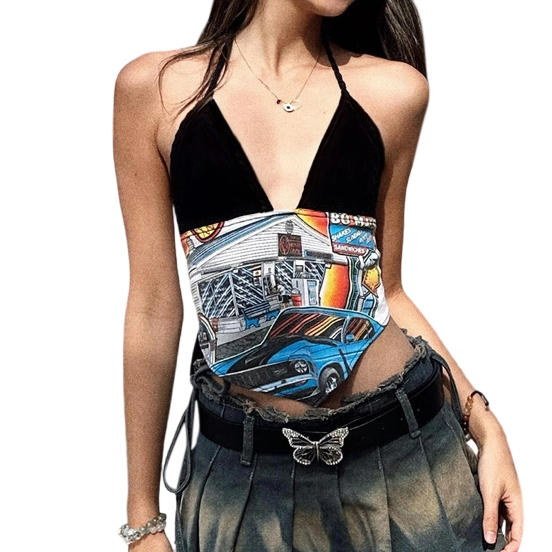 Women Personality Car Print Tank Tops V-Neck Sleeveless Vests