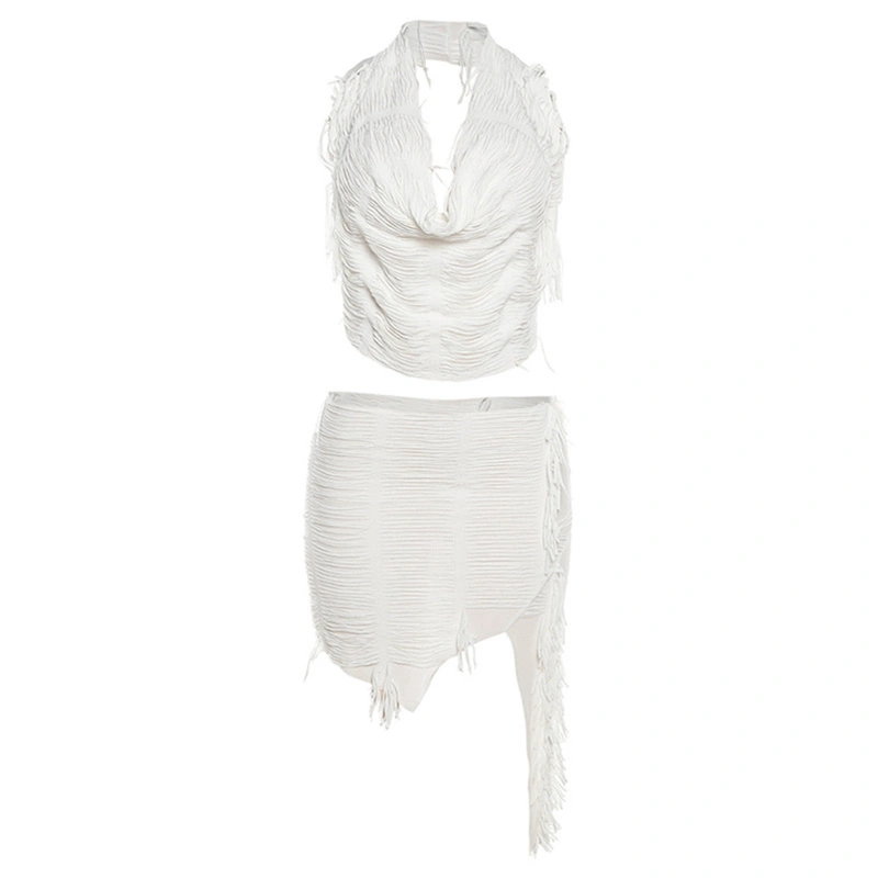 Women 2 Piece Summer Outfits Draped Halter Tops and Irregular Skirt