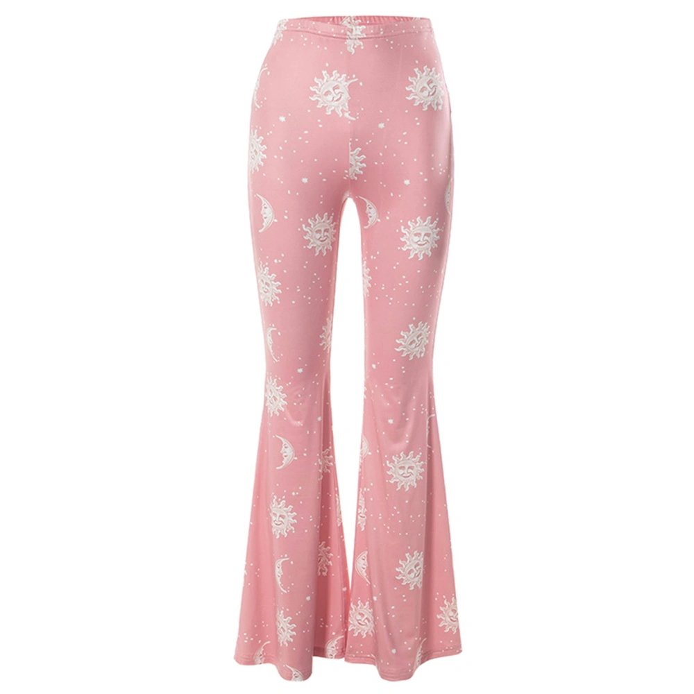 Women High Waist Flared Pants Casual Moon Sun Print Bell Bottoms 