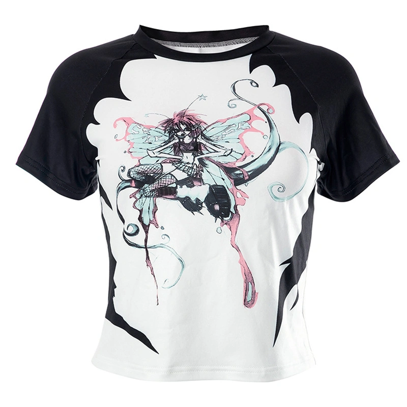 Women Fairy Grunge Butterfly Print Short Sleeve Slim Fit Crop Tops