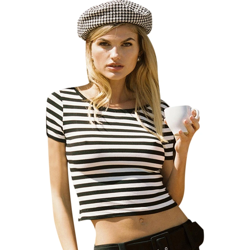 Women T-shirt Short Sleeve Crew Neck Backless Striped Ladies Crop Top