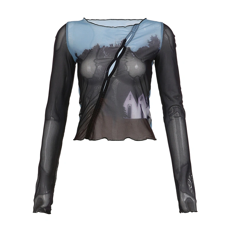 Women's House Forest Print Tops Long Sleeve Scoop Neck Mesh T-Shirts