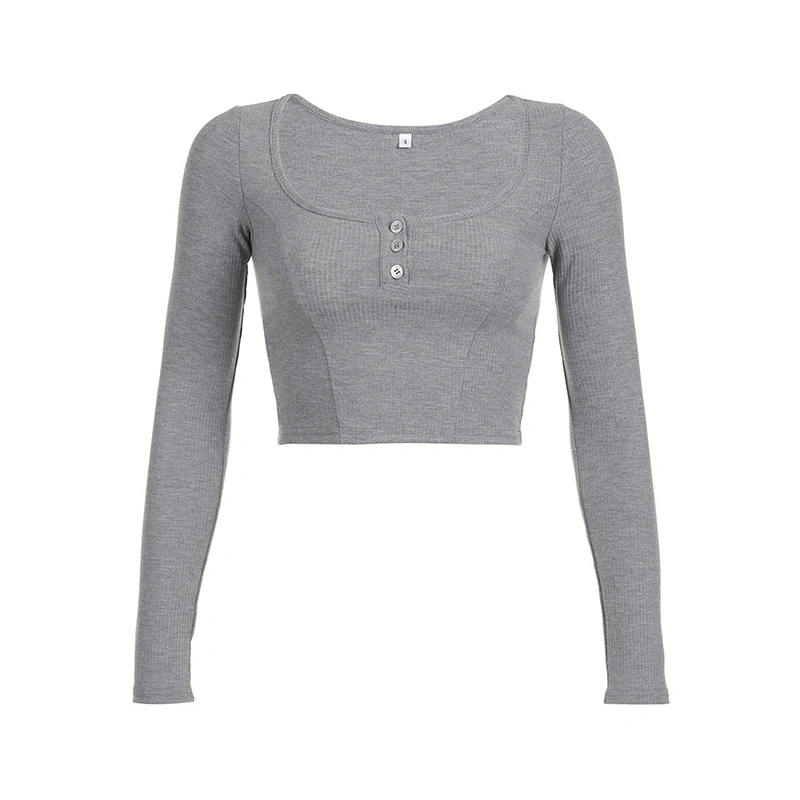 Women Knit Crop Top Long Sleeve Square Neck Button Closure Solid Tops