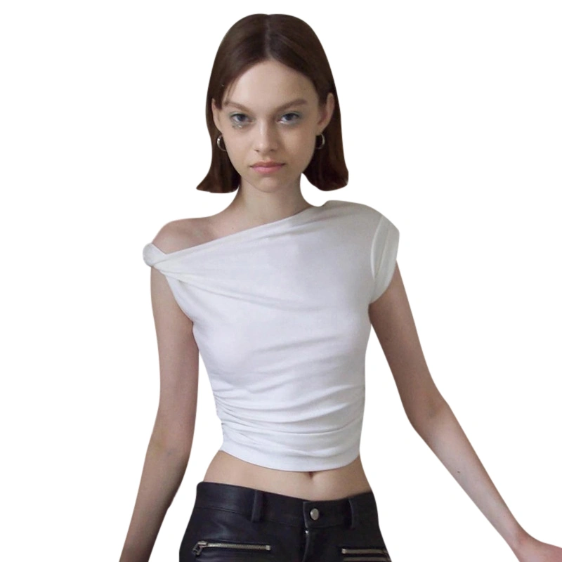 Women's Irregular Solid Cropped Tops Short Sleeve Ruched T-shirt