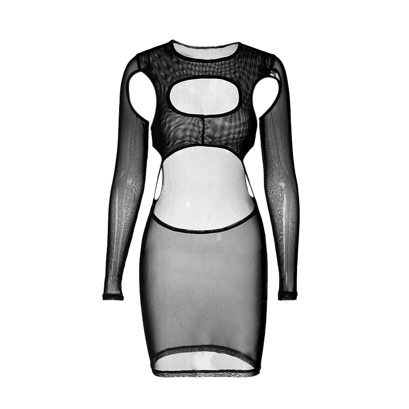 Women Mesh Bodycon Dress Sheer Cutout Long Sleeve Party Mini Dress