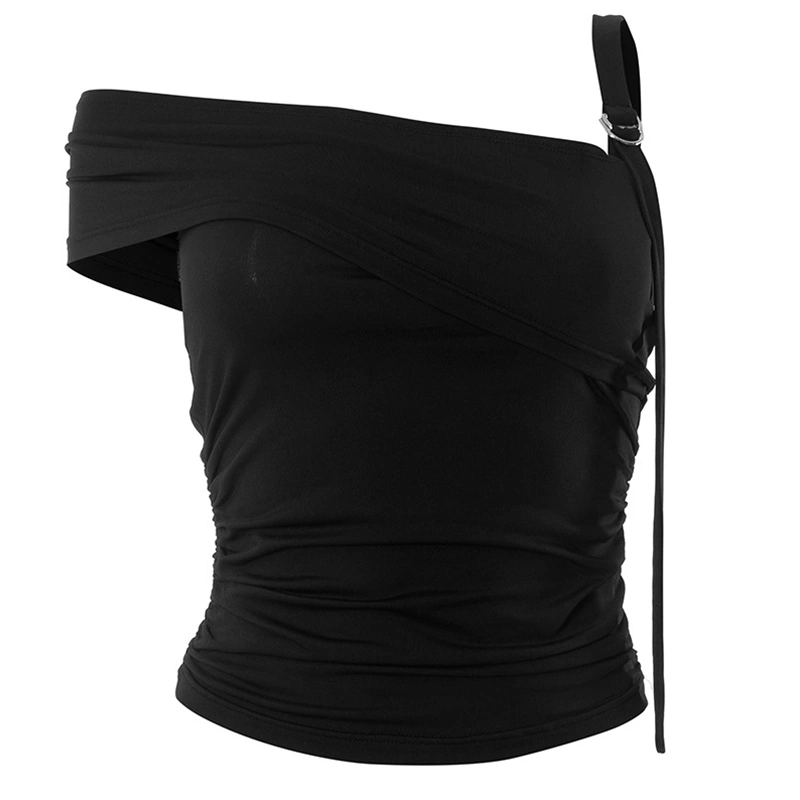 Women's Asymmetry Cropped Tops Solid One Shoulder Sling T-shirt