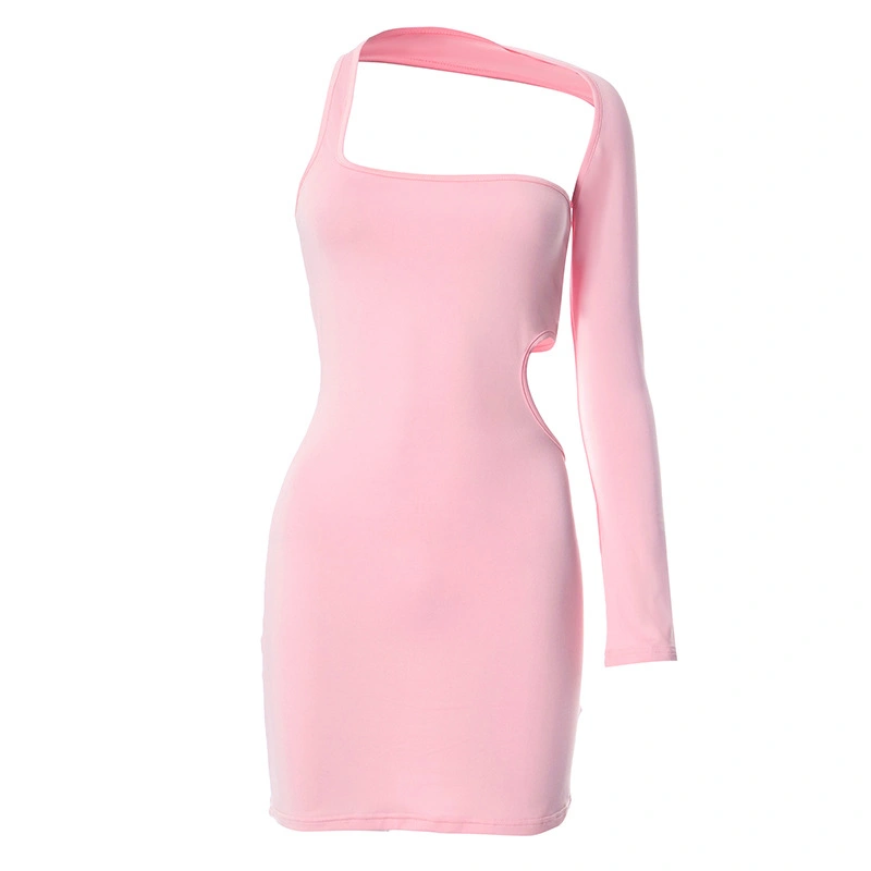 Women Mini Dress One Shoulder Bodycon Cut Out Solid Color Club Dress