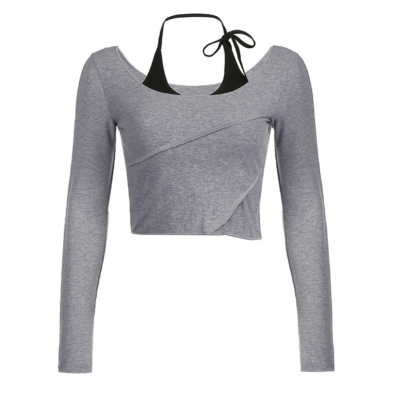 Women's Patchwork Crop Tops Long Sleeve Halter Contrast Color T-Shirt