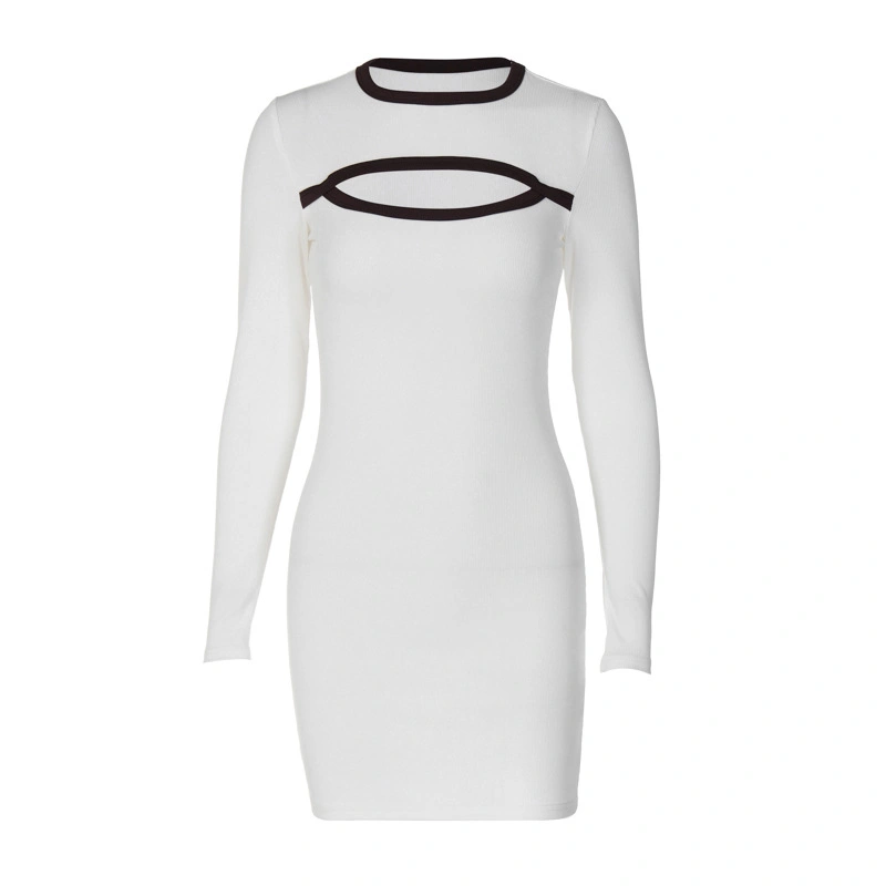 Women Autumn White Long Sleeve Contrast Color Hollow Party Dress