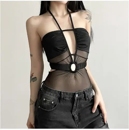 Women Bodysuit Halter Neck Low Cut Backless See-through Jumpsuit