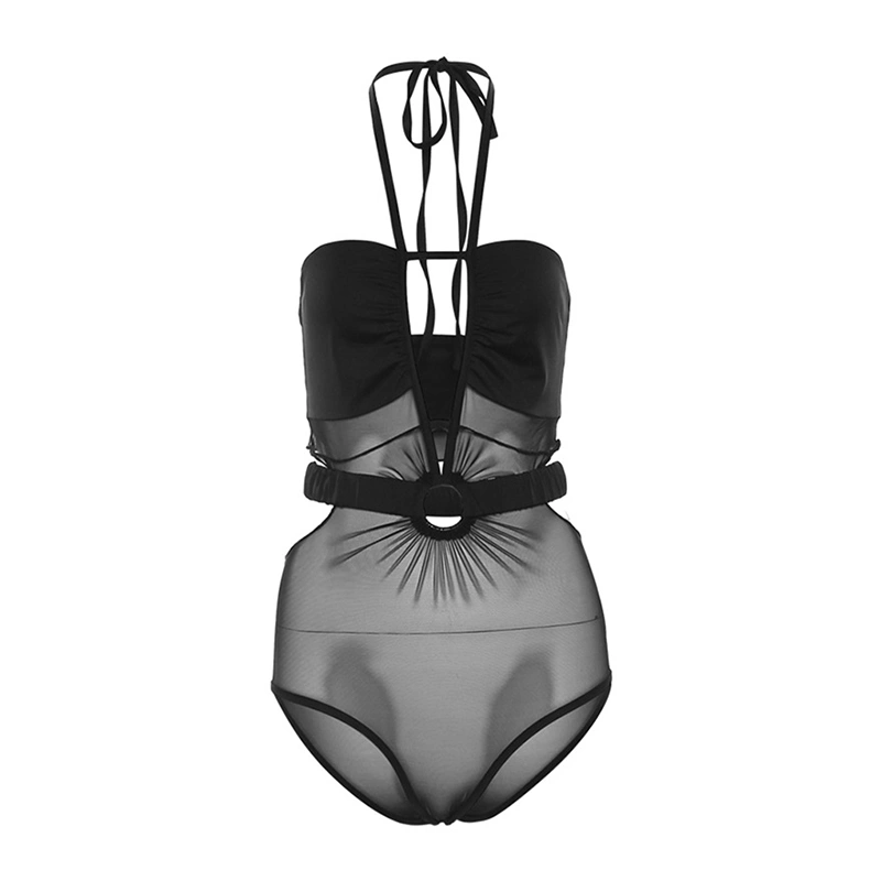 Women Bodysuit Halter Neck Low Cut Backless See-through Jumpsuit