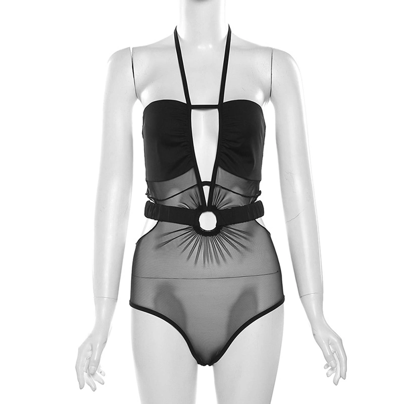 Women Bodysuit Halter Neck Low Cut Backless See-through Jumpsuit