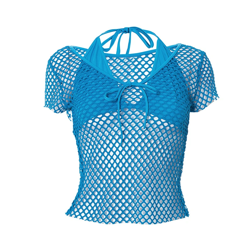 Women T-shirt Set, Short Sleeve V-neck Fishnet Top with Halter Bra