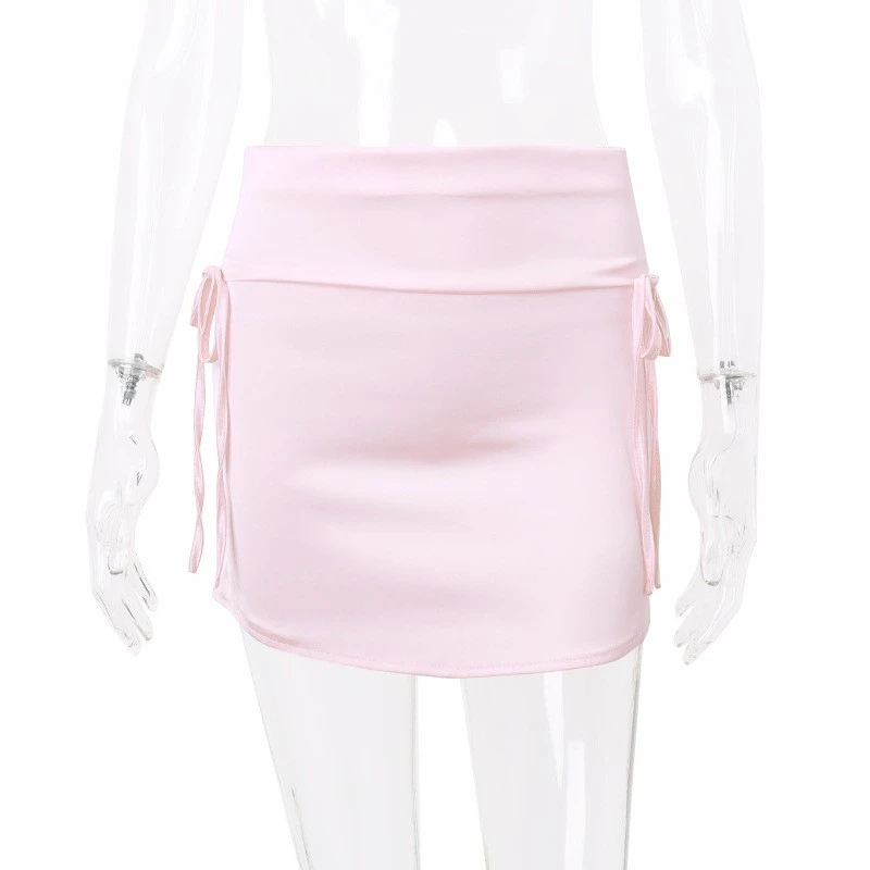 Women's Summer Solid Color Low Waist Tie Up Short Skirt for Parties