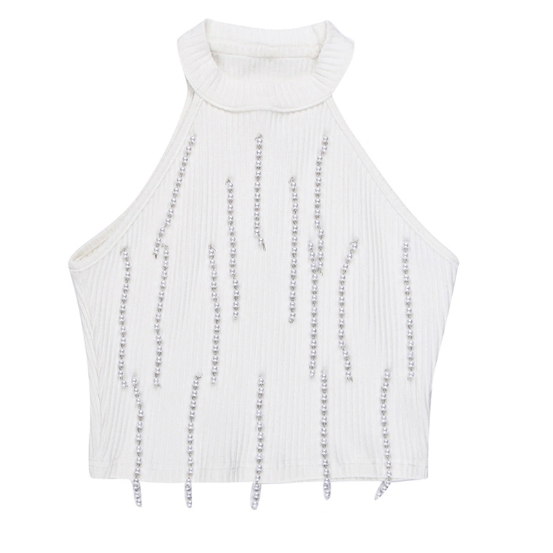 Women's Summer Knit Tank Tops, Pearl Tassel Round Neck Slim Vest