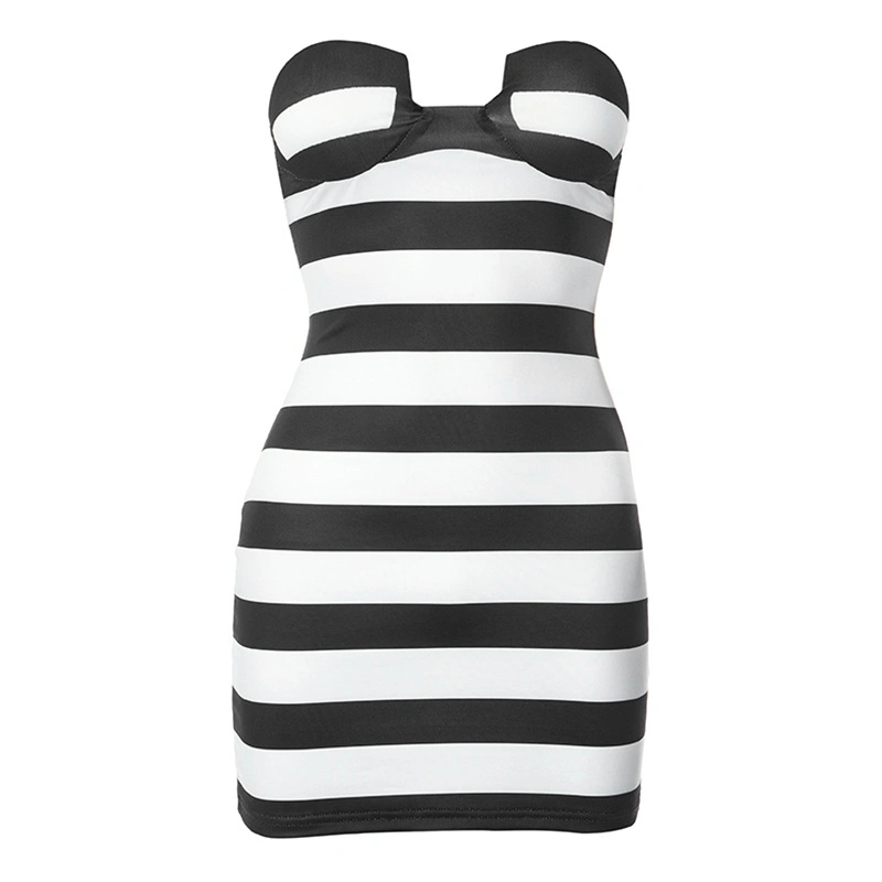 Women's Sleeveless Off Shoulder Black White Striped Bandeau Dress