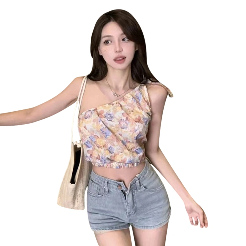 Women's Sleeveless One Shoulder Floral/Pattern Print Crop Tops