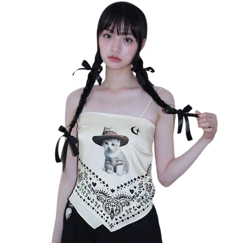 Women Camisole, Sleeveless Tops Cat Print Backless Tie-up Summer Vest