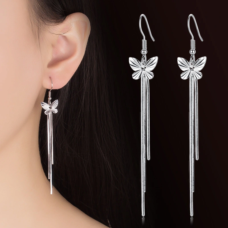 Temperament silver-plated earrings women's ear line mid-length Korean style fashion butterfly tassel cute ear jewelry