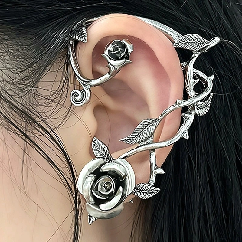 New design gothic punk dark line single leaf rose cuff earring earrings female