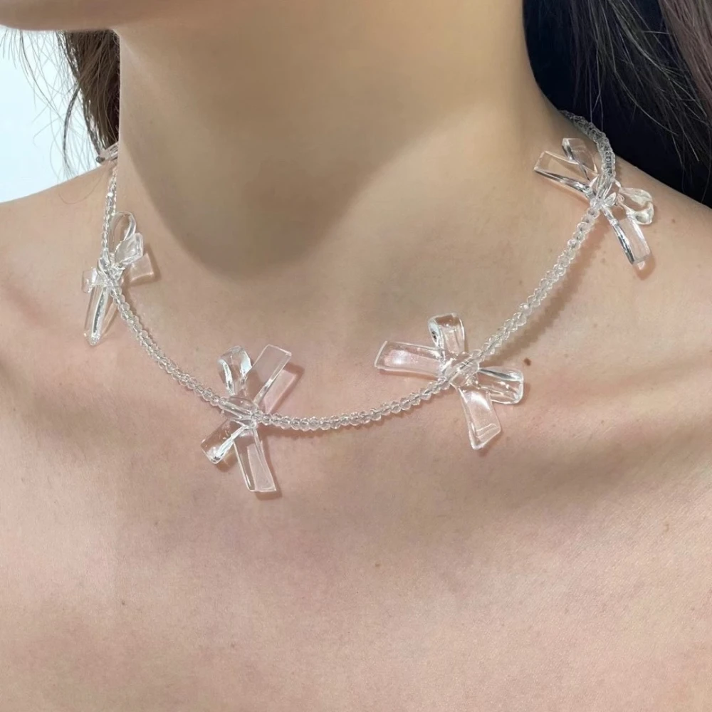 Transparent Ballet Girl Bow Beaded Necklace