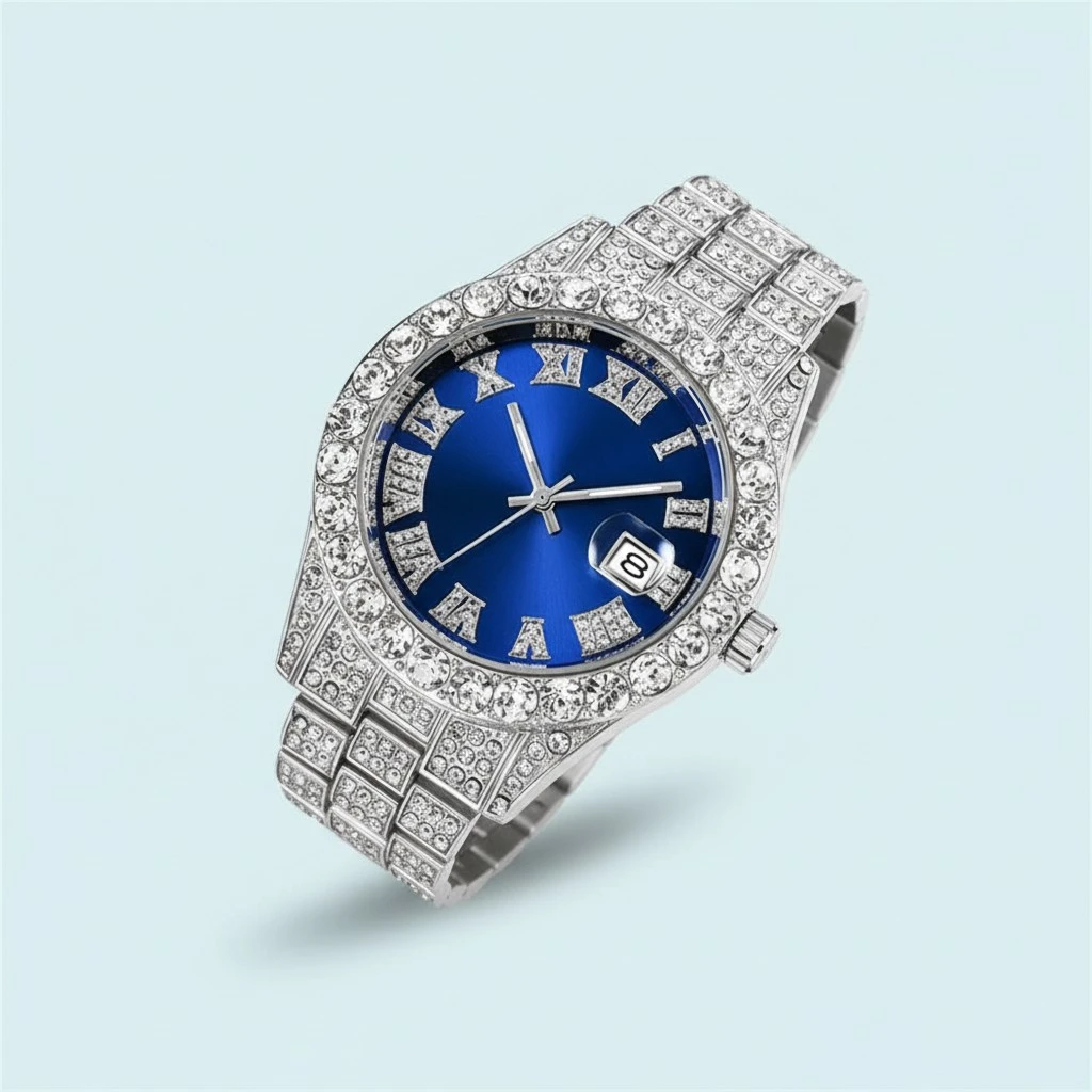 Diamond Roman Steel Belt Calendar Men's Quartz Watch