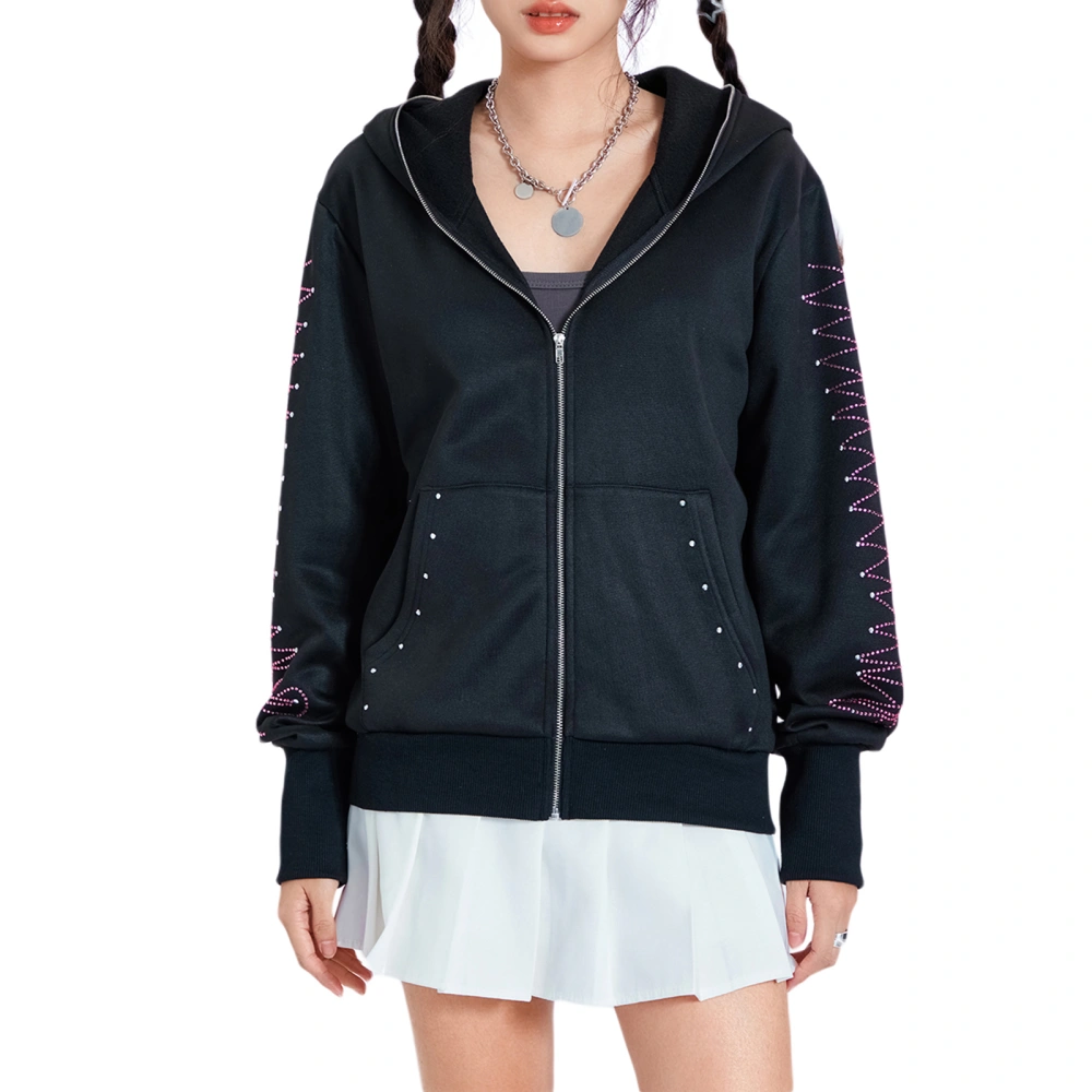 Women's Rhinestone Hoodie Jacket, Long Sleeve Zipper Fall Coat