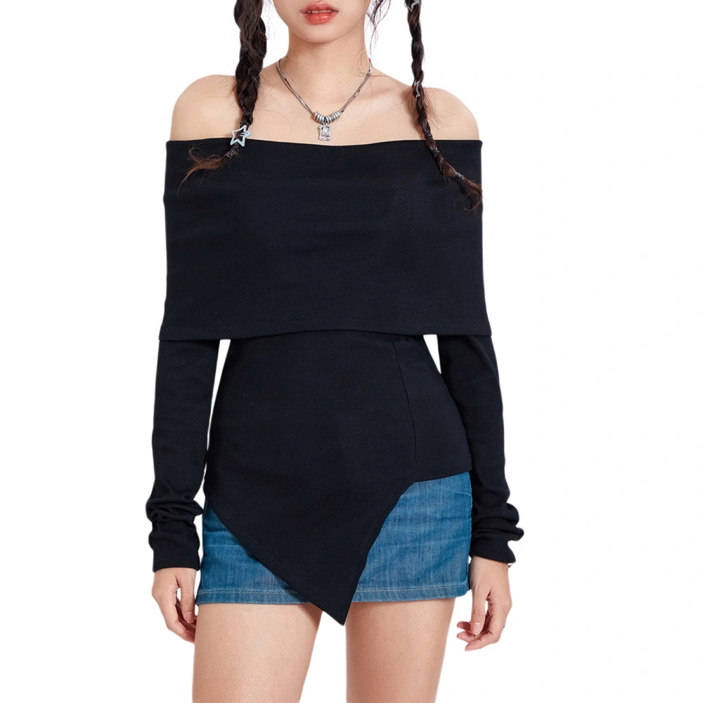 Women Knit Tops, Long Sleeve Off-shoulder Tops Irregular T-shirt