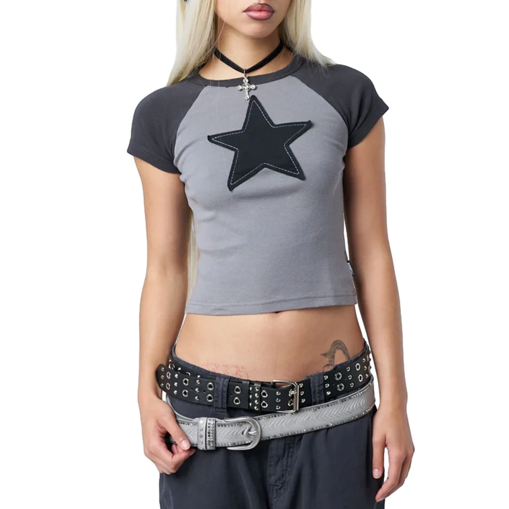 Women's Summer Cropped Tops Star Patch Pattern Cap Sleeve T-shirt