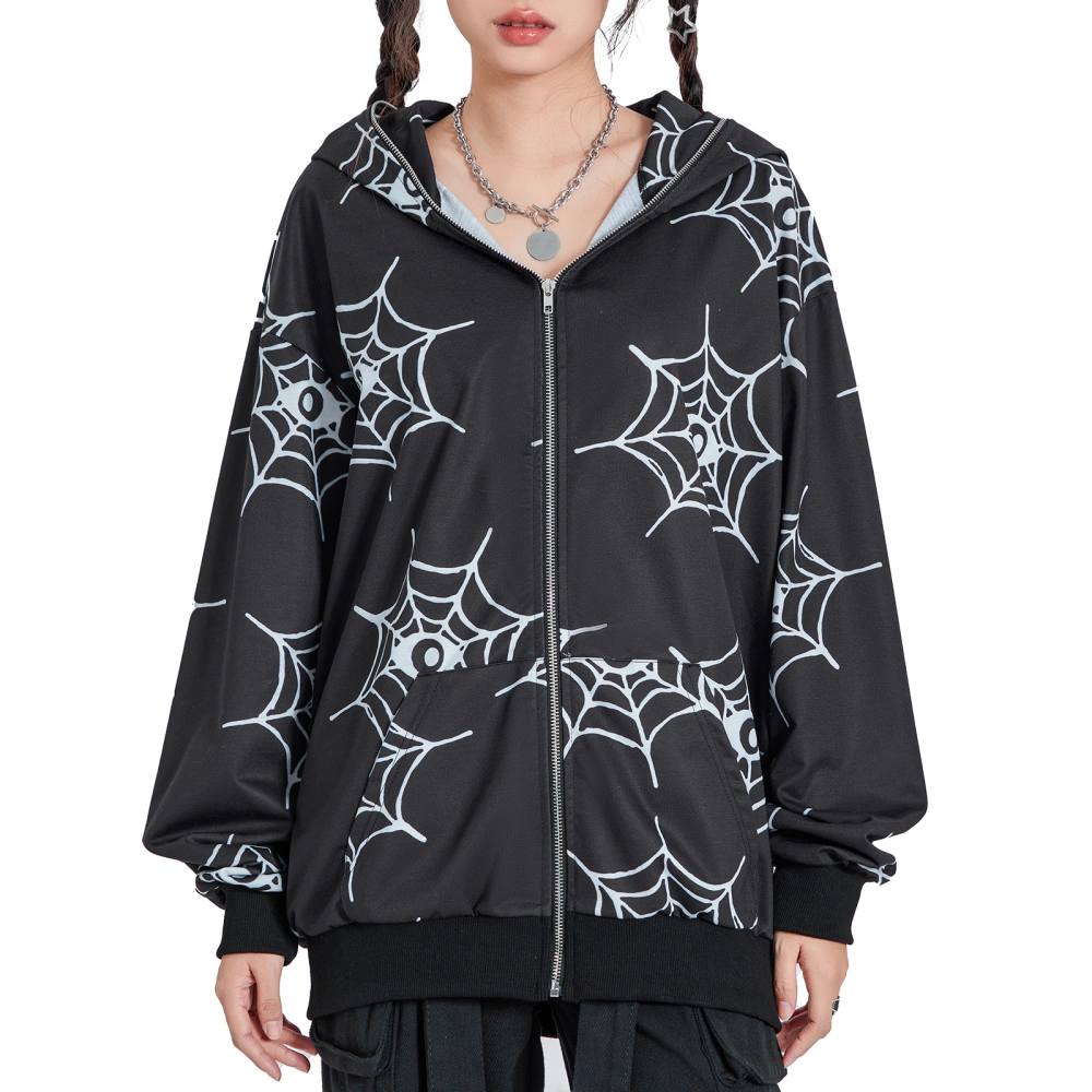 Women's Hoodie Coat, Spider Web Print Long Sleeve Zipper Sweatshirt 