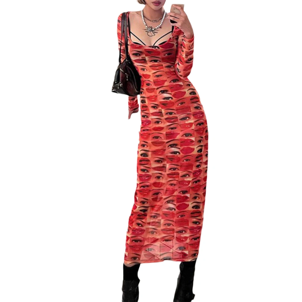 Women Long Bodycon Dress Lips Eyes Print U-Neck Long Sleeve Dress