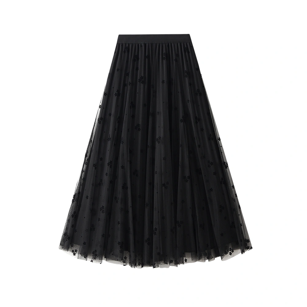 Women Floral Pleated Flowy A-line Midi Mesh Skirt for Travel, Shopping